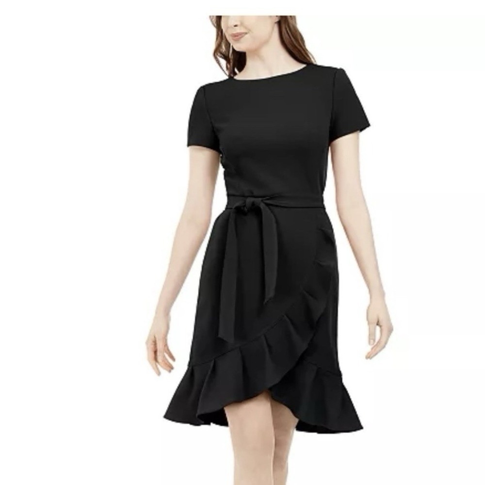 Calvin Klein Black Ruffle Tulip Hem Stretch Crepe‎ Belt Dress Size 8